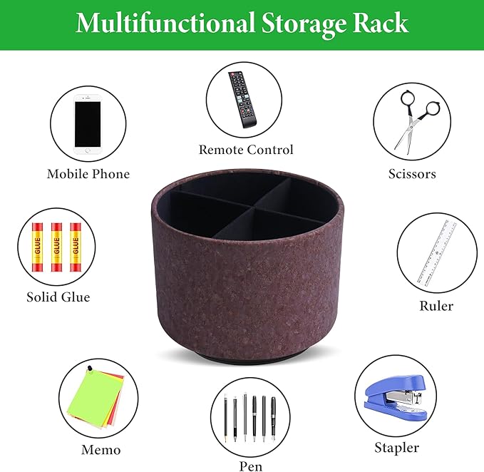 Round Leather Art Supply Organizer,Remote Control Holder,360 Degree Spinning,Multi-Functional Pencil Holder,4 Compartments Desktop Stationary Organizer(1-Soft Dark Brown2)