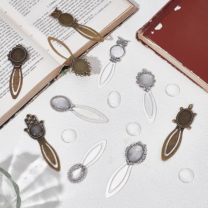 20Pcs 10 Styles Vintage Bookmark Pendant Tray Kit Include 10Pcs Oval Round Metal Bookmark Cabochon Setting with 10Pcs Clear Glass Cabochon Alloy Cabochons Book Mark Blank Bezels