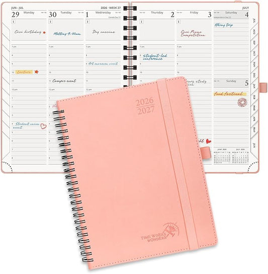 POPRUN Planner 2026-2027 (Medium - 6.5'' x 8.5'') Academic Weekly Calendar (July 2026 - June 2027) with Hourly Time Slots, Monthly Tabs, 100GSM Thick Papers, Spiral Leather Cover - Pink