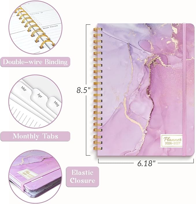 Lonely Oak Academic Planner 2026-2027, Daily Weekly and Monthly Agenda Planner 6.18" x 8.5" with Tabs, 12 Months Spiral School Year A5 Calendar from Jul.2026 to Jun.2027 for Student and Teacher (Purple Marble)