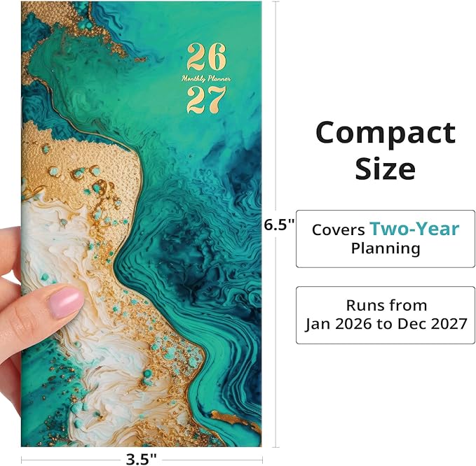 Pocket Calendar 2026-2027 for Purse, Two Year Monthly Planner Pocket Size, Jan 2026 to Dec 2027 Monthly Planner Small Size (6.5" x 3.5") - Emerald Shores