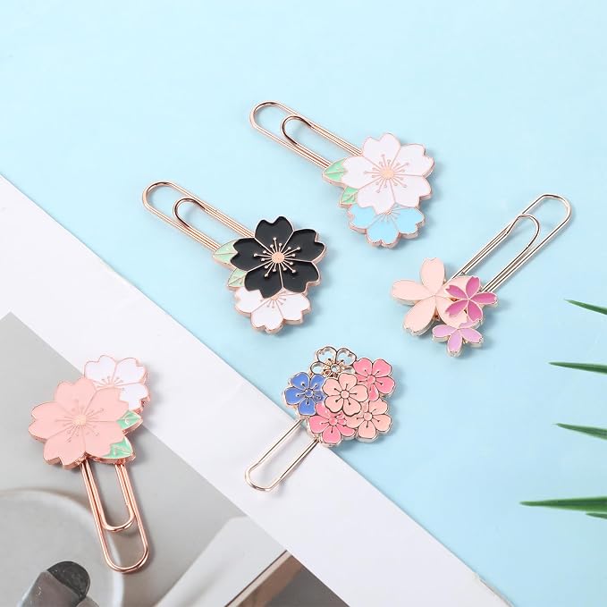 7 Pcs Cherry Blossoms Paperclip, Pretty Book Decorative Paper Clips Metal Paperclips for Bookmarks Fun Paper Clips Office Supplies Present for Bookmark Clamp Desk Stationery Accessories