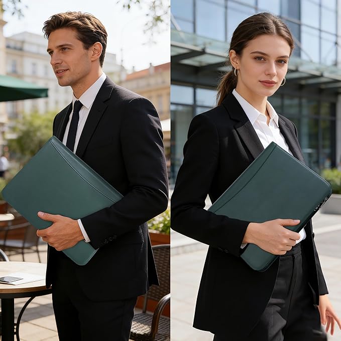 Genuine Leather Zippered Padfolio with 3 Ring Binder, A4/Letter Portfolio Organizer for Work, Fits 13.9" Laptop, Business Folder with Notepad Holder, Meetings & Interviews (Green)