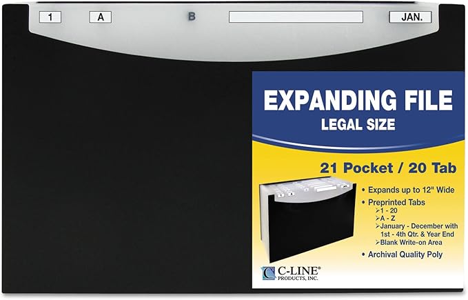 C-Line 48221 21-Pocket Stand-Up Design Expanding File, 12-Inch Exp, Legal, 15 x 9 1/4, Black