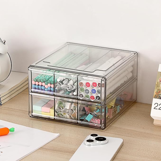 BTSKY Stackable Desk Organizer with 2 Layer Drawers, Clear Acrylic Drawer Organizer for Stationary Accessories, Medicine Cabinet, Vanity and Office Desk, Small Desktop Storage Box with 6 Grids