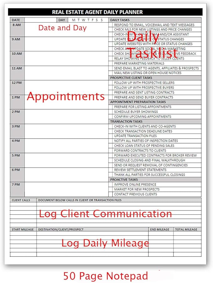 Agent Daily Planner Notepad – Real Estate Daily Task, Call & Mileage Log (8.5 × 11)