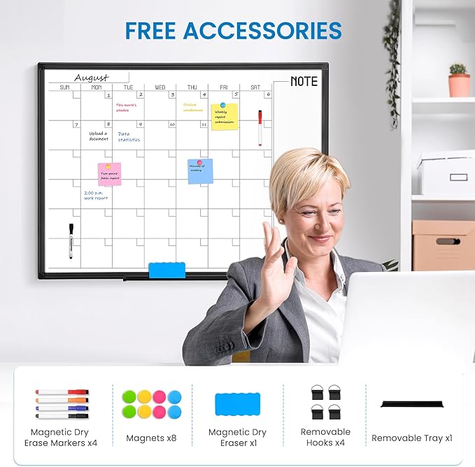 WALGLASS Dry Erase Calendar Whiteboard, 48" x 36" Monthly Large Dry Erase Calendar for Wall, Double-Sided Hanging White Board with Black Aluminum Frame for Home, School, Office, Kitchen