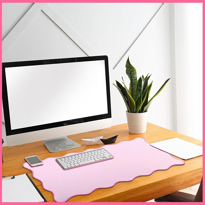 Hahafelt Scalloped Desk Mat Large Desk Pad Cute Coquette Table Mat Back to School Preppy Table Make up Pad Nonslip Graduation Gift with Stitching Waterproof Gaming(Pink,23.6 x 13.8 Inches)