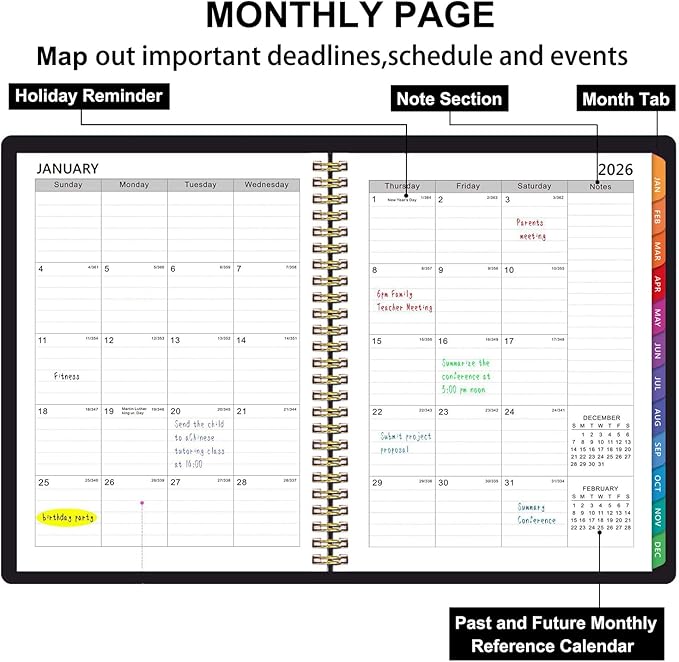 2026 Planner Weekly and Monthly, 2026 Academic Year (January 2026 - December 2026) Calendar wirh Tabs, Agenda Book for School Student, Teachers, Office Supplies,Home, 6" x 8.5" (Black JAN2026-DEC2026)