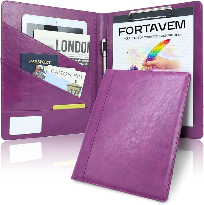 Professional Portfolio Binder, Faux Leather Padfolio for Resume, Note-Taking & Meetings, A4 Letter Writing Pad Holder for Women & Men (Purple)