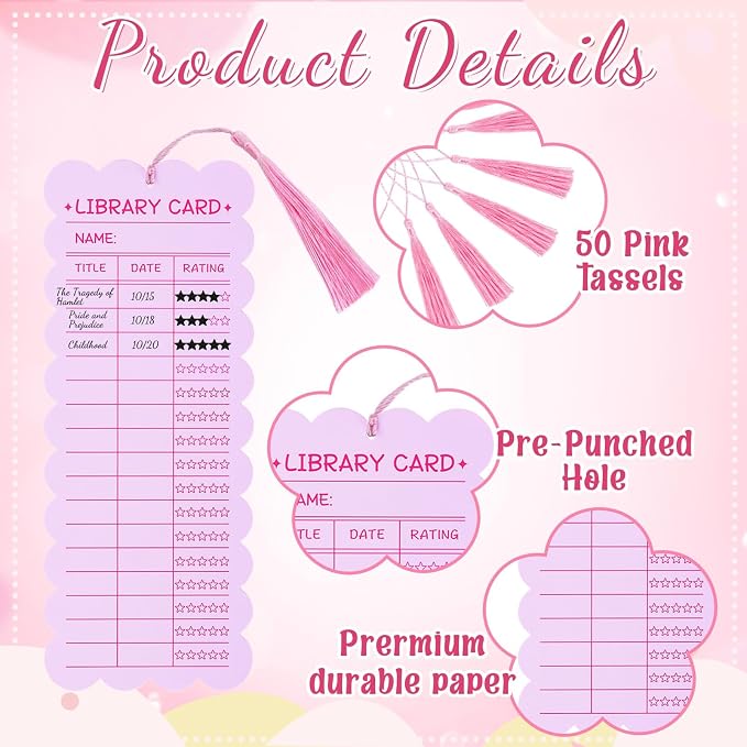 50 PCS Reading List Bookmarks Book Tracker with 50 Bookmark Tassels Reading Log Bookmark 3 x 8 Inch Pink Library Card for Reading for Teacher Women and Book Lovers (100 PC Pink)