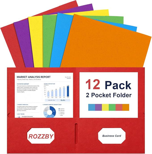 Two Pocket Folders, Paper File Folders with Pockets, Letter Size, 12 Pack | 8.5x11 Paper, Business Card Slot, Black to School Supplies, For Kids, Students, Teachers, Office Organization