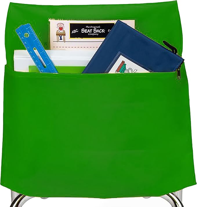 Seat Sack Student Chair Storage Pocket - 17", Single Pocket, Classroom Chair Organizer for Student Desks, Durable Over-the-Chair Storage, Green, 25-Pack