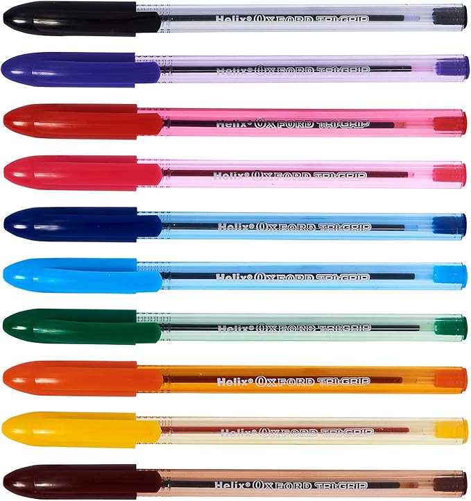 Helix Oxford Tri-Grip Ballpoint Pens (x10 Pack Assorted Colours) with Plastic Free Packaging