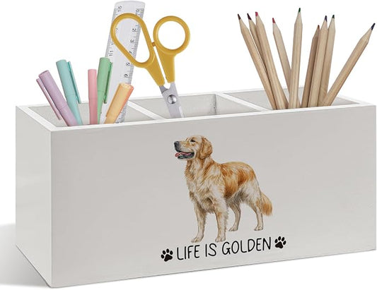 Golden Retriever Gifts Pen Pencil Holder, Dog Lover Gifts for Christmas Dog Lovers Women Girls, Inspirational Life Is Golden Wooden Pen Pencil Organizer for Home Office Bathroom Desk Decor