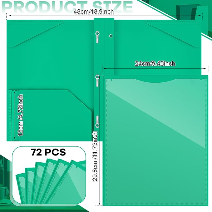 Henoyso 72 Pcs Plastic Folder with Clear Front Pocket and 3 Prong Plastic Folders with Card Slot Pocket Folders with Prongs for School Office (Green)