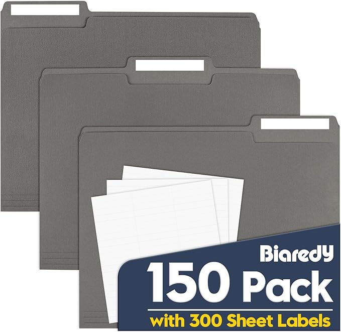 File Folders,Colored File Folders Letter Size,8.5" x 11",150 Pack 1/3 Cut Tab Bulk Folders with Blank Labels,Durable Paper Folders for Office Business School Home Use,Deep Black