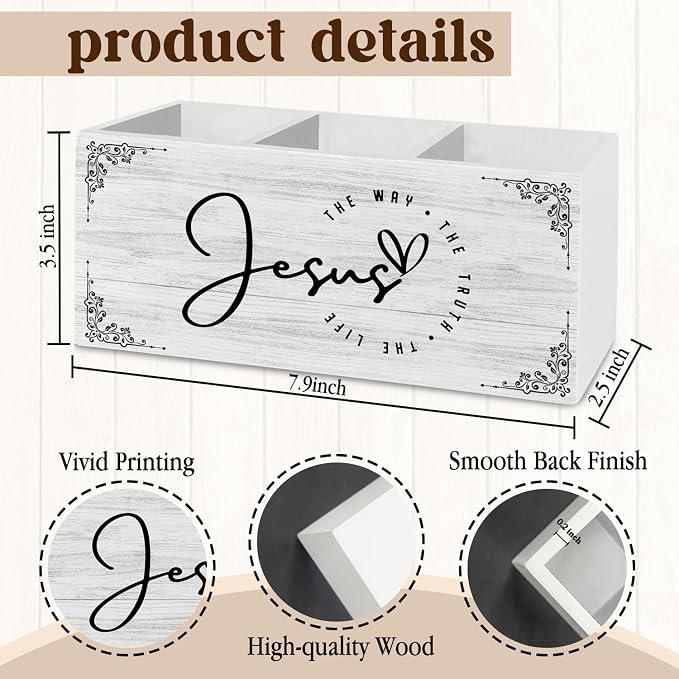 Jesus Christian Pen Pencil Holder Organizer for Desk Accessories, Religious Bible Verse Wooden Box Sign Desk Decor for Home Office Decoration, Jesus Christian Gifts for Women Men