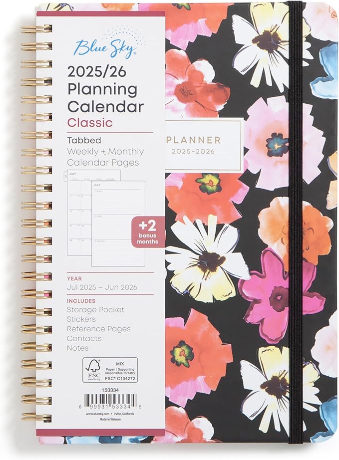 Blue Sky 2025-2026 Weekly and Monthly Academic Year Planner Calendar, July 2025 - June 2026, 5" x 8", Hard Cover, Wirebound, Storage Pocket, Laminated Tabs, Stickers, Pop Garden
