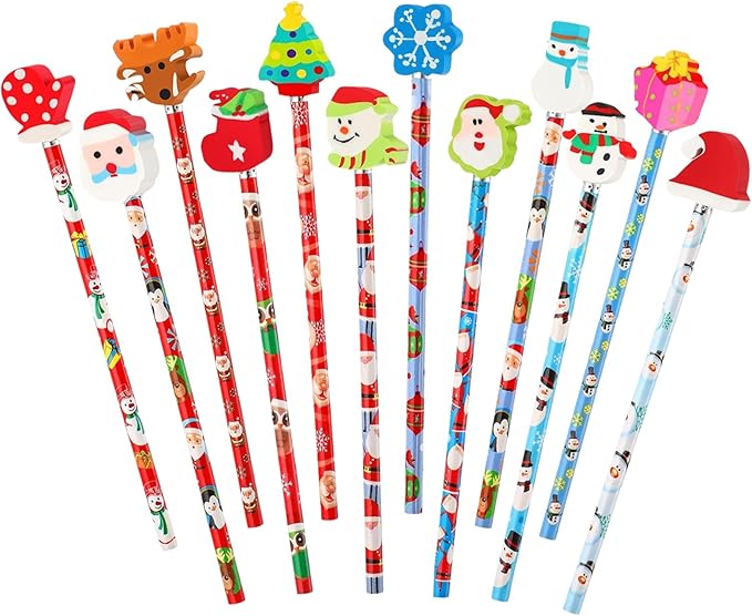 Christmas Pencils with Giant Eraser Assortment Christmas Themed Pencil Wooden Pencils for Christmas Party Supplies Xmas Stocking Stuffers, 12 Style (12)