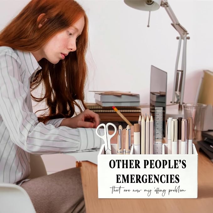 Funny Pen Pencil Holder for Desk, Office Humor Gifts for Coworkers Employees Women Men, Other People's Emergencies Wooden Box Sign Decorations for Home Office Workplace Desk Tabletop