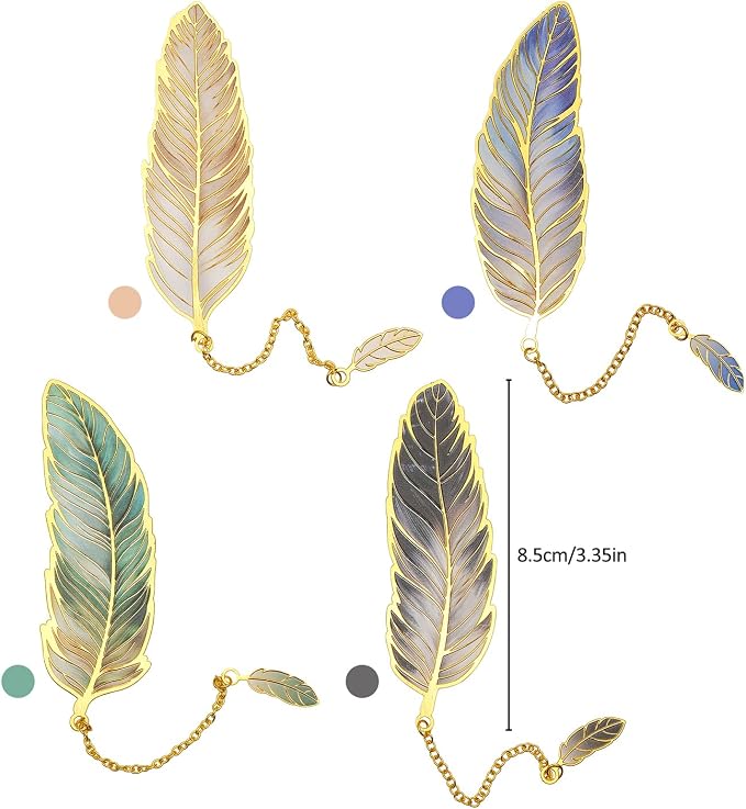 4 Pieces Metal Feather Bookmarks with Chain, Birthday Gifts Book Mark Bookmarks for Book Lovers Writers Readers Children Teens Men Women Adults Teacher