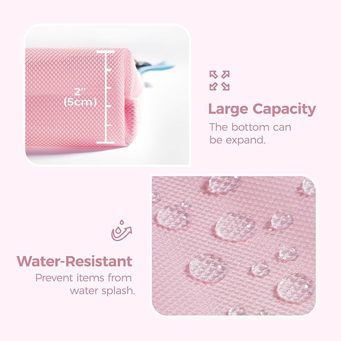 pack all 3 Pcs Water-resistant Material Zipper Pouch Set, Mesh Zipper Bags for Storage, Travel, Office (Pink)