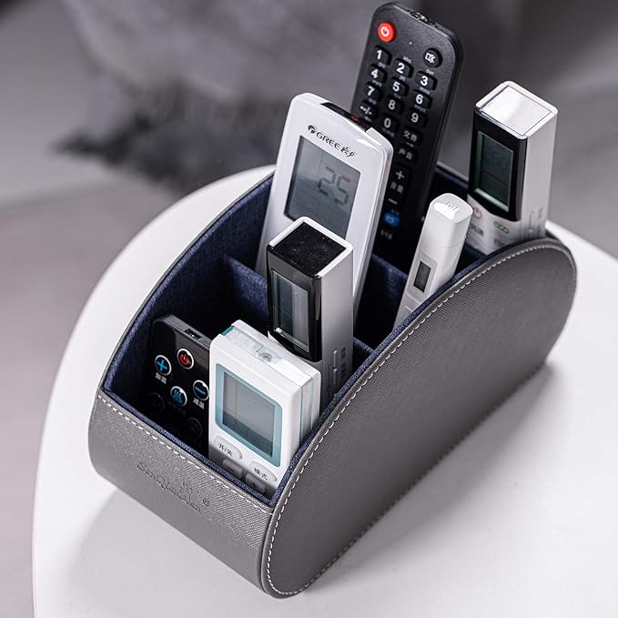 BONNY DODO Remote Control Holders Organizer Box with 5 Compartment PU Leather Multi-functional Office Desk Storage Caddy Store (Grey)
