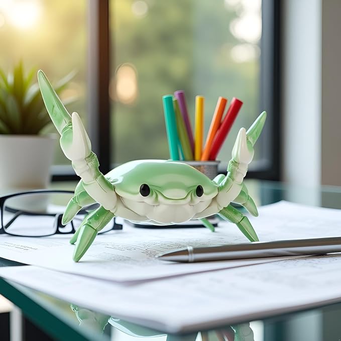 2Pcs Creative Crab Pen Holder Weightlifting Crabs Pen Stand Storage Rack, Office Desktop Decoration, Pencil Holders Desk Supplies Holders and Dispensers, Desk Accessories and Workspace (Green)