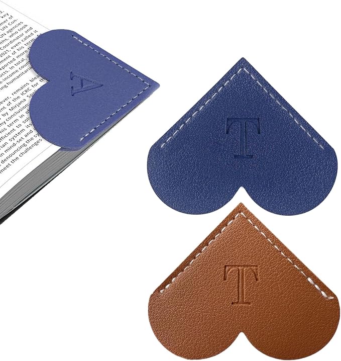 2Pcs Personalized Leather Heart Bookmark with Initial, 26 Letters Custom Corner Page Book Mark for Reading Women, Book Lovers, Teachers, Students, Cute Book Accessories Gifts(Blue+Dark Brown, T)