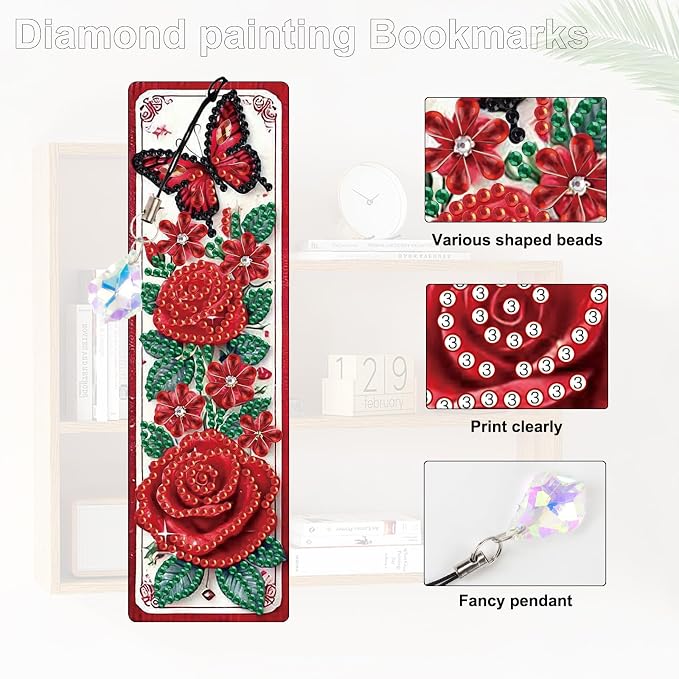 Tontut 3pcs Diamond Art Painting Kit Bookmark, Bow Rose Exquisite General DIY Bookmark, Lightweight and Durable, Suitable for Reading Lovers