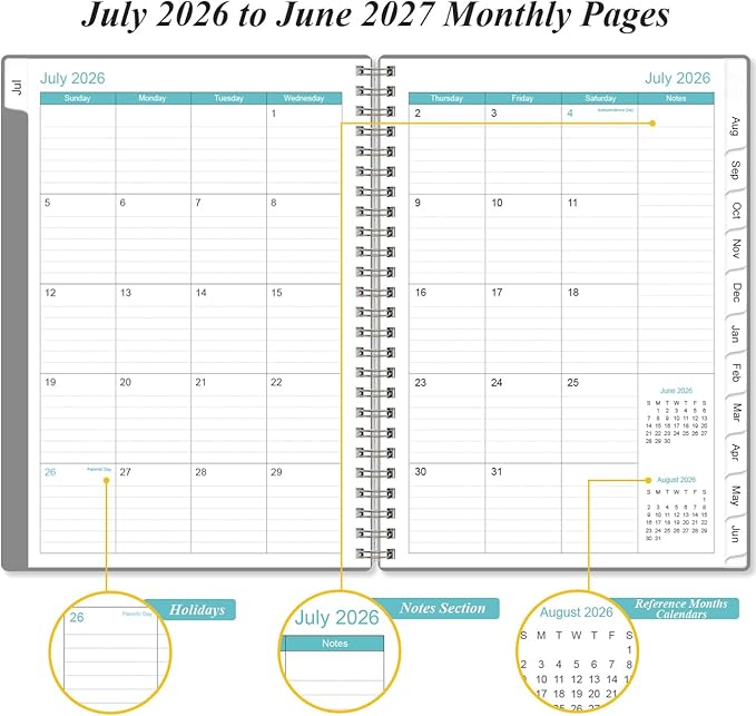 2026-2027 Planner - Weekly and Monthly Calendar Planner from Jul 2026 - Jun 2027, Planner 2026-2027 Spiral Bound with 12 Monthly Tabs, Inner Pocket, Perfect for School Office Supplies, 6.4" x 8.5", Grey-C