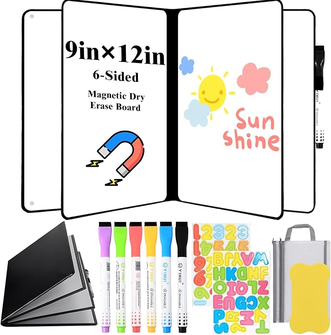 6-Sided Magnetic Dry Erase Notebook, 9 x 12in Portable White Boards Dry Erase, Foldable Whiteboard Reusable Notebook, Dry-Erase Notebooks with 6 Dry-Erase Pens, School, Office, Meetings
