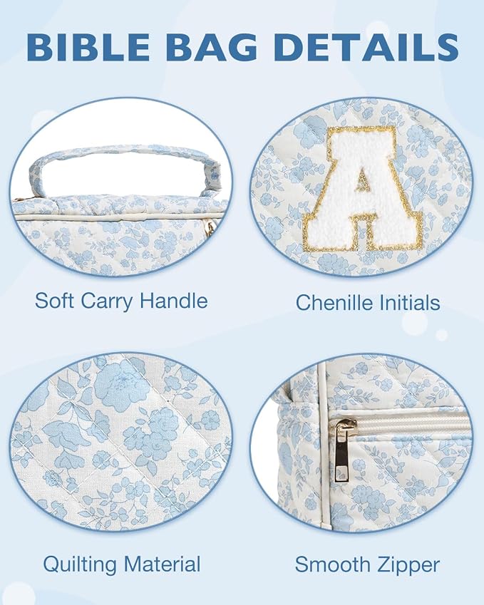 Personalized Initial Bible Cover Case for Women Girls Kid Large Bible Cover with Durable Handle Quilted Bible Carrying Case for Girls Bible Study Supplies Accessories (Blue Flower G, one Size)