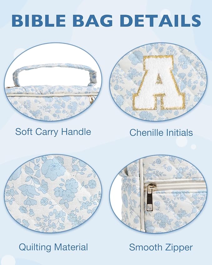 Personalized Initial Bible Cover Case for Women Girls Kid Large Bible Cover with Durable Handle Quilted Bible Carrying Case for Girls Bible Study Supplies Accessories (Blue Flower H, one Size)