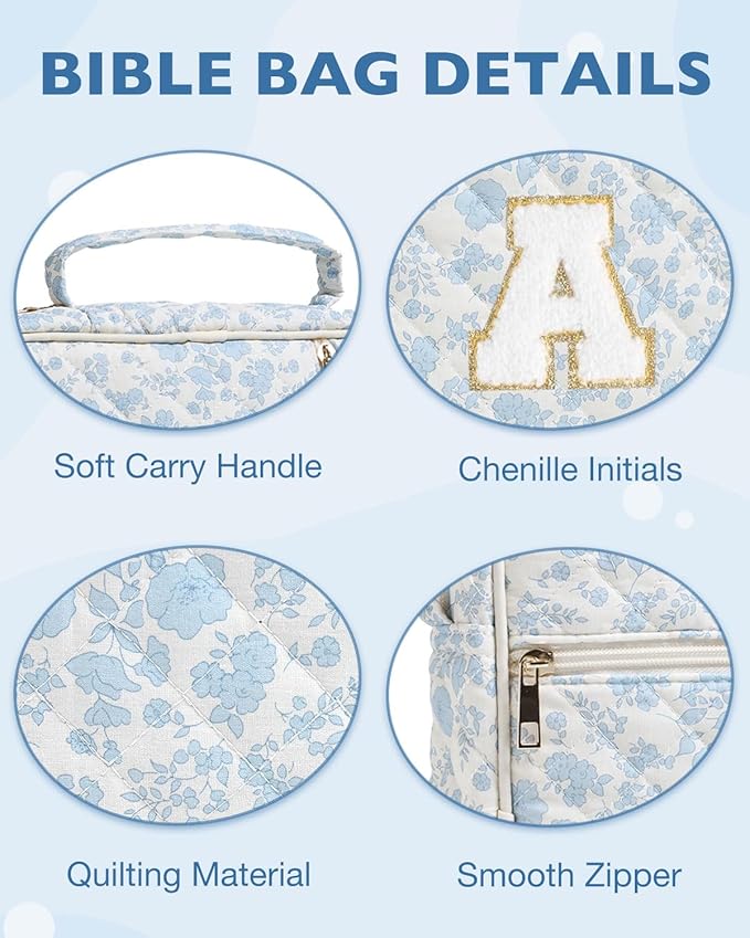 Initial Bible Cover Case for Women Girls Kid Large Bible Cover with Durable Handle Quilted Bible Carrying Case for Girls Bible Study Supplies Accessories (Blue Flower S, one Size)