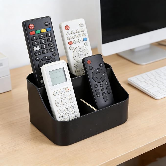 Remote Control Holder, Plastic Desk Organizer with Bamboo Dividers, 4-Compartment Remote Caddy for TV Media Phone Pen Storage, Tabletop Organizer for Coffee Table, Nightstand, Office, Black