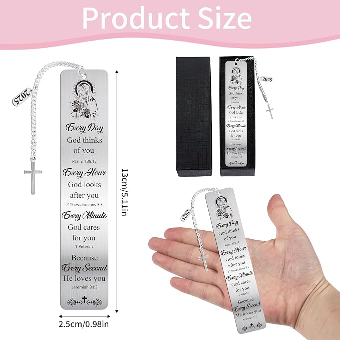 Virgin Mary Metal Bookmark Gifts, Religious Book Mark with Cross Charm, Bible Reading Page Markers for Women Men, Pastor Appreciation Catholic Christian Gift School Office Supplies