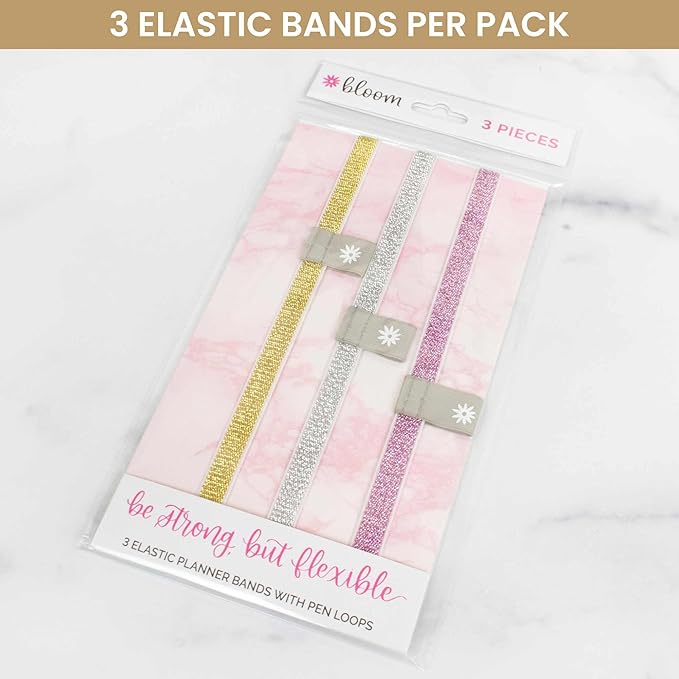 bloom daily planners Elastic Planner Bands with Pen Holder Loop - Set of 3 Stretchy Closure Bands/Bookmarks for Planners, Journals, Notebooks & More - Gold, Pink, Silver
