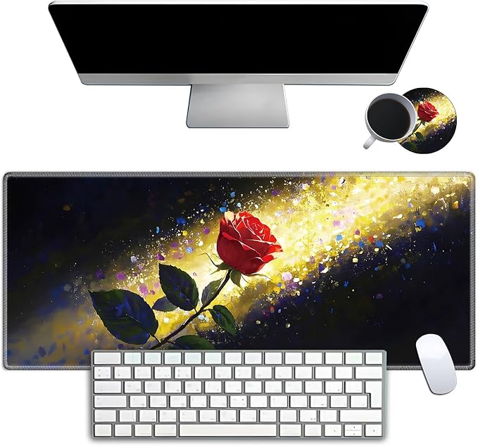Mouse Pad Gaming Mousepad 31.5x11.8 Inch XXL Large + Coasters,Desk Mat with Stitched Edges, Non-Slip Rubber Base, Thick Mouse Pad for Computer, Laptop, Office & Home - Glitter Rose Flower