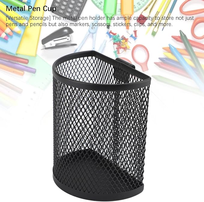 Hanging Pencil Holder Pen Holder Cup for Desk, Metal Hook Wall Mounted Pen Holder, Mesh Pencil Holder for Hanging on Wire Mesh Wall Grid Panel for Desk Office Pen Organizer,Black 9.5x8x5.5cm