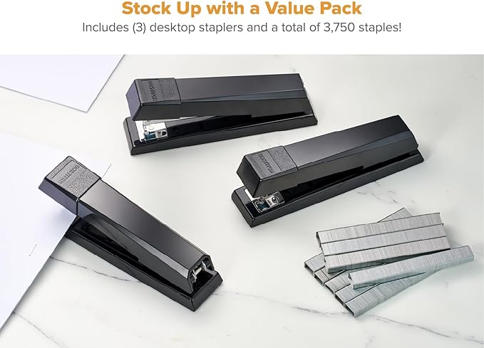 Bostitch Office Stapler, No-Jam Premium for Desktop, Includes 3,750 Staples, Full-Strip, 25 Sheet Capacity, Black, 3 Pack