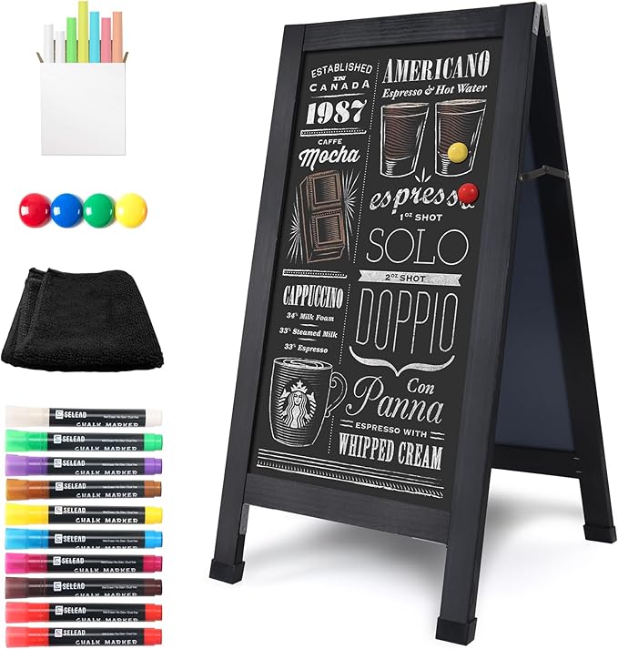 SELEAD Solid Wood A-Frame Chalkboard - 40" x 20" Magnetic Sandwich Board Signs Outdoor Standing Chalk Board Easel Sidewalk Pizarra for Menu, Business, Cafe, Event - Black