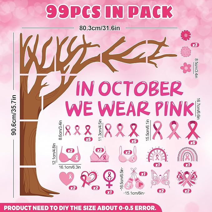 JarThenaAMCS 99 Pcs Breast Cancer Awareness Tree Bulletin Board Decoration Pink Ribbon Tree Paper Cutouts with 200 Pcs Glue Points for Party Home Classroom Office
