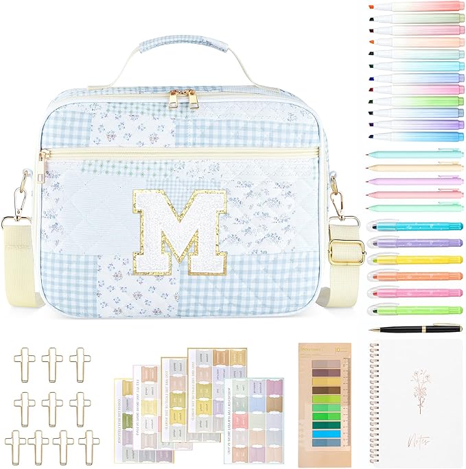 Personalized Initial Bible Cover Case for Women, Large Quilted Bible Bag with Durable Handle, Stylish Church Bag Journaling Kit with Study Supplies Accessories, Christians Gifts for Women (Spliced-M)