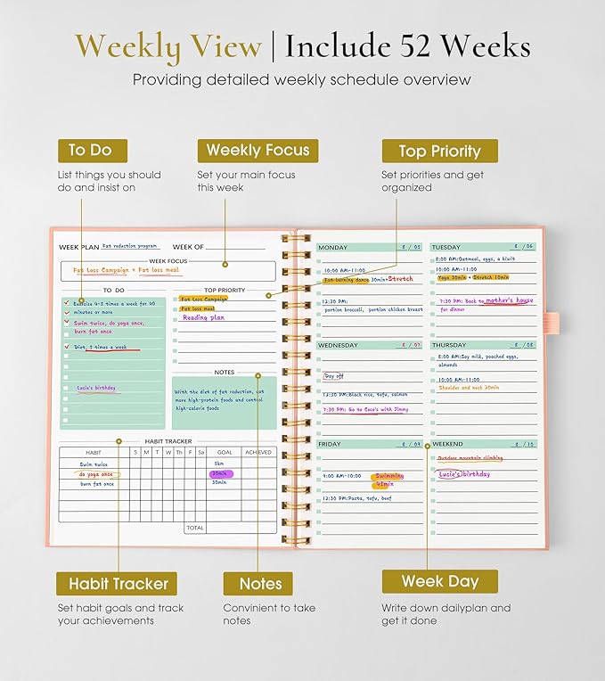 Undated Weekly and Monthly Planner, B5 Large Weekly To Do List Notebook with Goal & Habit Tracker Organizer, Hardcover Spiral Bound Blank Monthly Planners for Work School Home 7.4" x 9.64" Pink