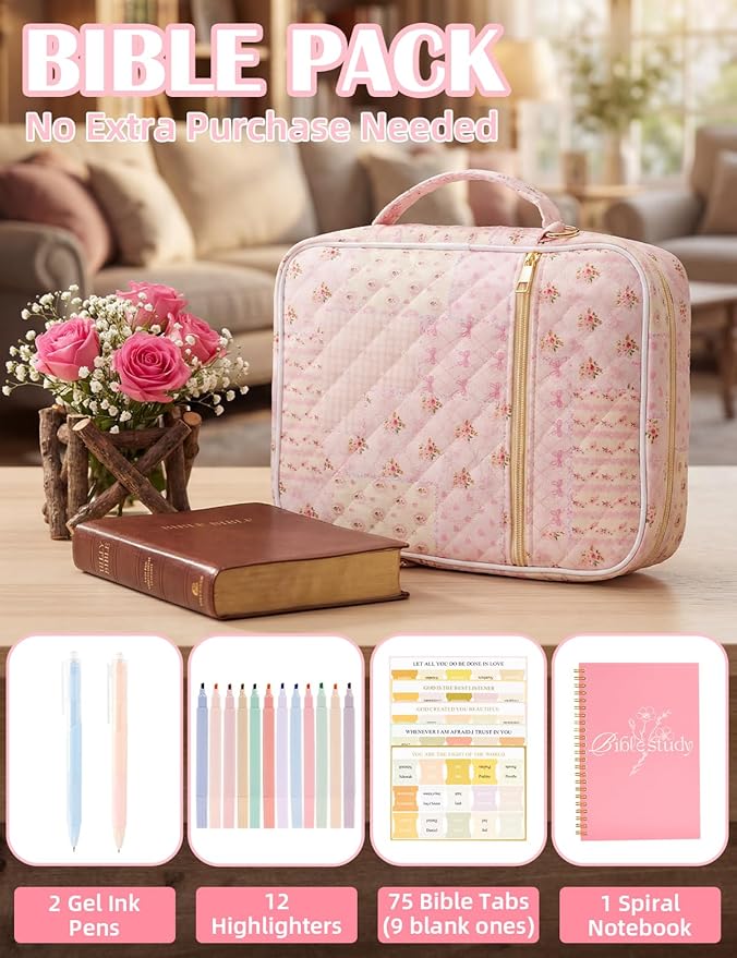 Large Bible Cover Case for Women - Bible Case with Durable Handle, Shoulder Strap - Quilted Bible Cover with Bible Study Supplies- Christian Gift for Women Girls Friends