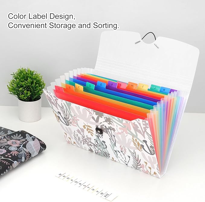 Uquelic 13-Pocket Expanding File Folder, Accordion File Holder with Elastic Buckles Closure – Holds Letter/A4 Size Documents, Floral Printed Accordion Folder, School Office Supplies(Seagrass Print)