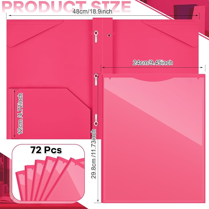 Henoyso 72 Pcs Plastic Folder with Clear Front Pocket and 3 Prong Plastic Folders with Card Slot Pocket Folders with Prongs for School Office (Rose Pink)