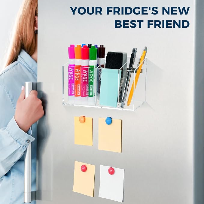 Strong Magnetic Pen Holder for Refrigerator, Whiteboard Dry Erase Marker Holder for Fridge, Magnet Acrylic Pen Holder with 3 Compartments, Magnetic Cup for School, Classroom, Locker Organizer